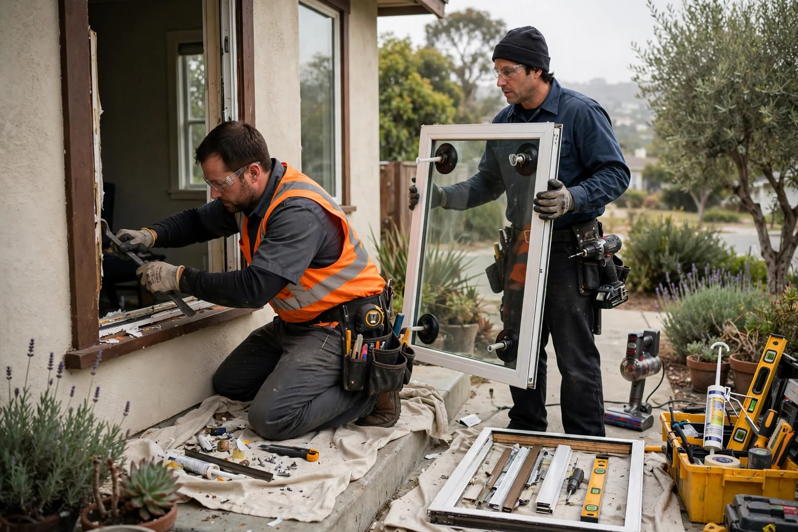Installer setting a new dual-pane window into a prepped opening on a Burlingame home